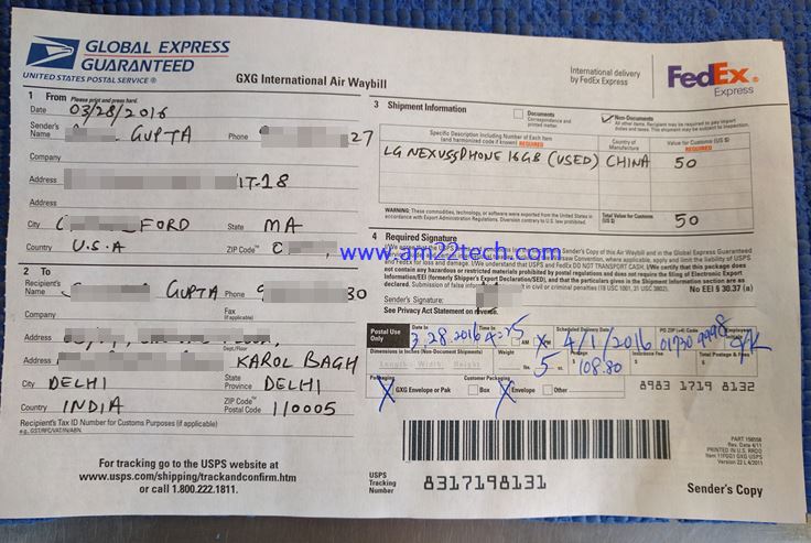 Custom Form Receipt Send Mobile To India Via Usps