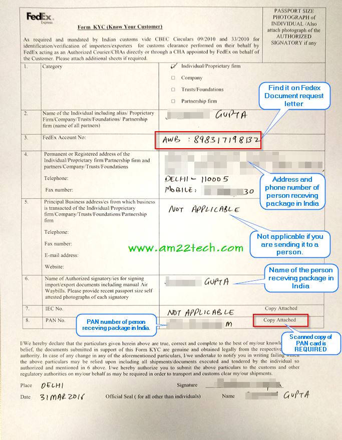 Fedex sample KYC form for custom clearance in India