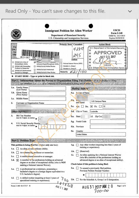 i140 receipt copy retrieved using USCIS FOIA