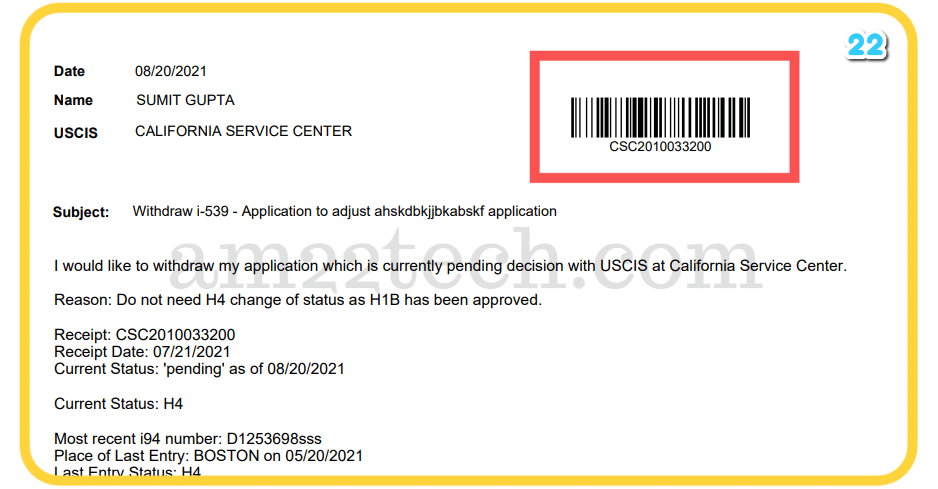 USCIS application withdrawal-letter with barcode