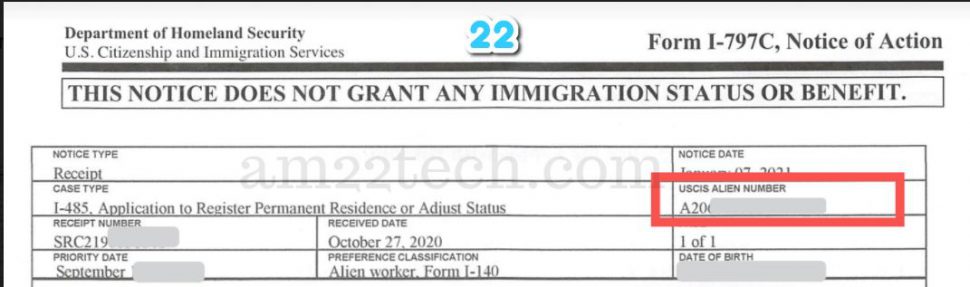 Alien number on i-485 receipt notice