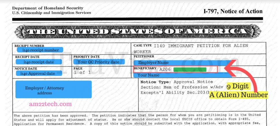 Find A or Alien number-on i140 approval