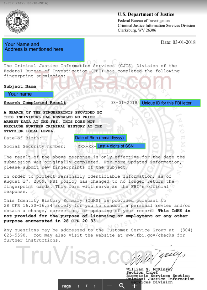 Sample FBI police clearance certificate