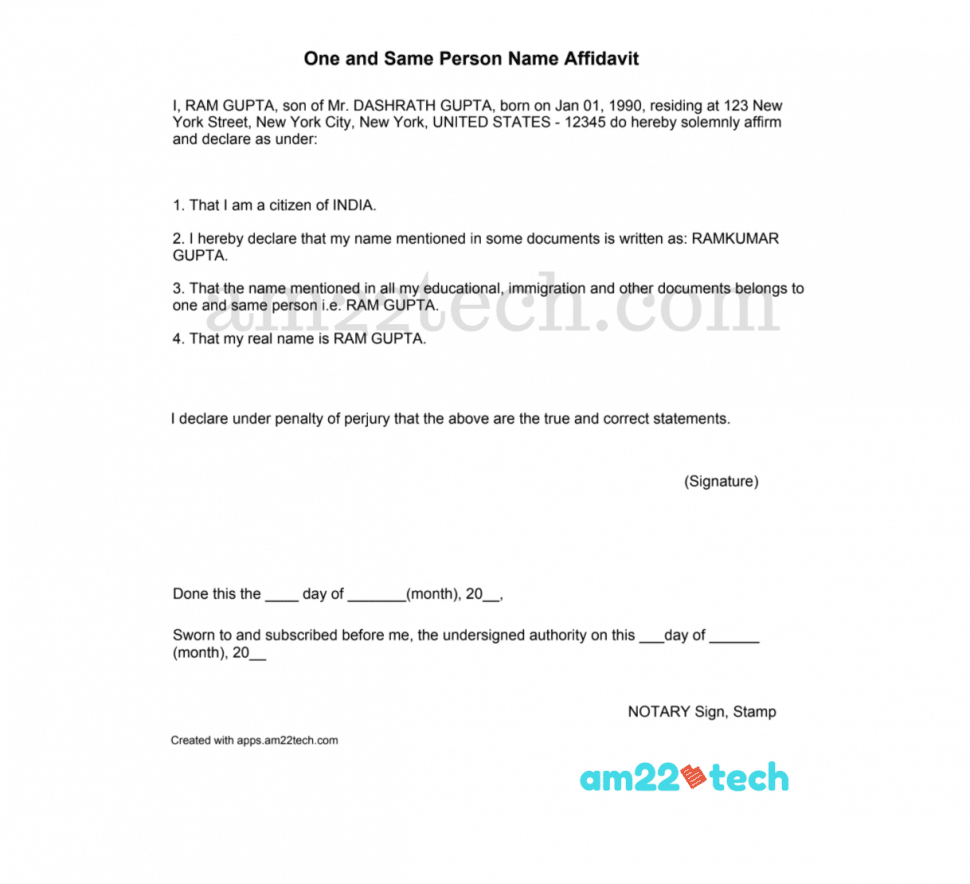 Sample one and same person affidavit