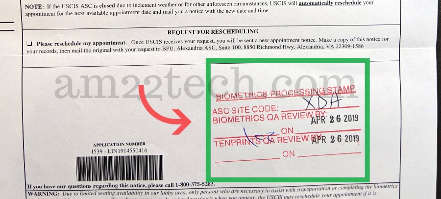 Biometric appointment paper stamped-after fingerprints and photo