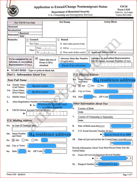 Sample i539 form for h4 extension - page 1