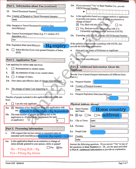 Sample i539 form for h4 extension - page 2