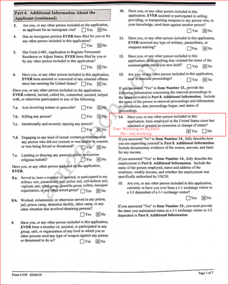 Sample i539 form for h4 extension - page 3