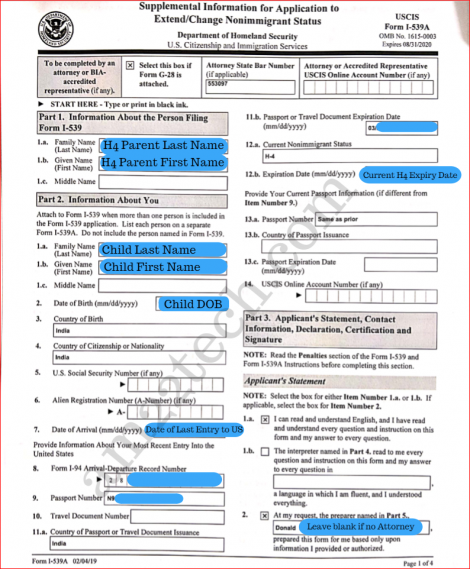 Sample i539 A form for h4 extension - page 1