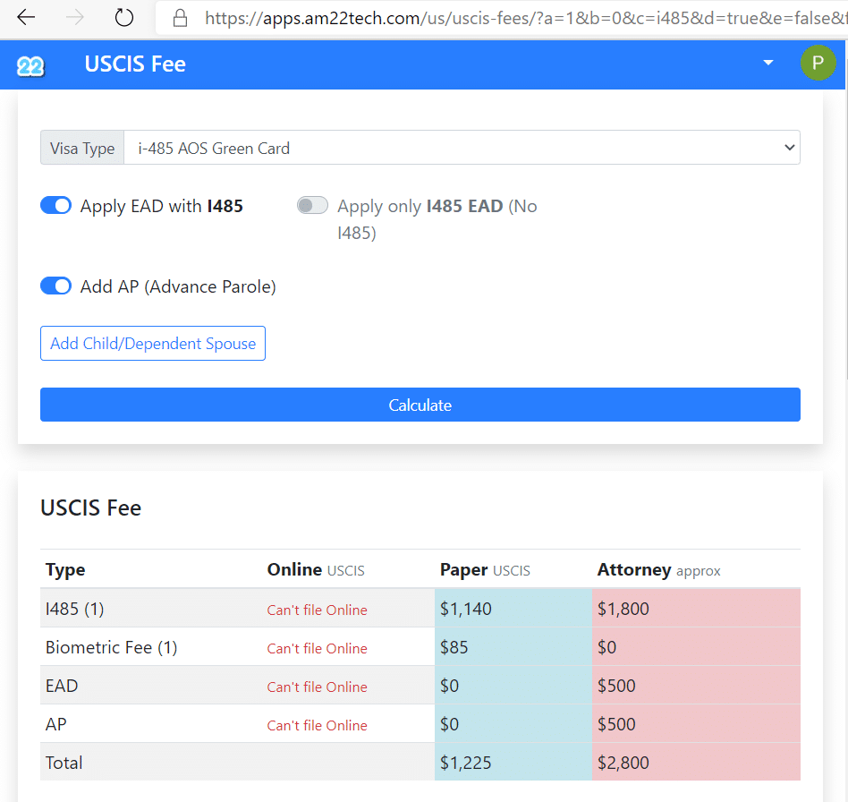 USCIS fee calculator for i485 biometric