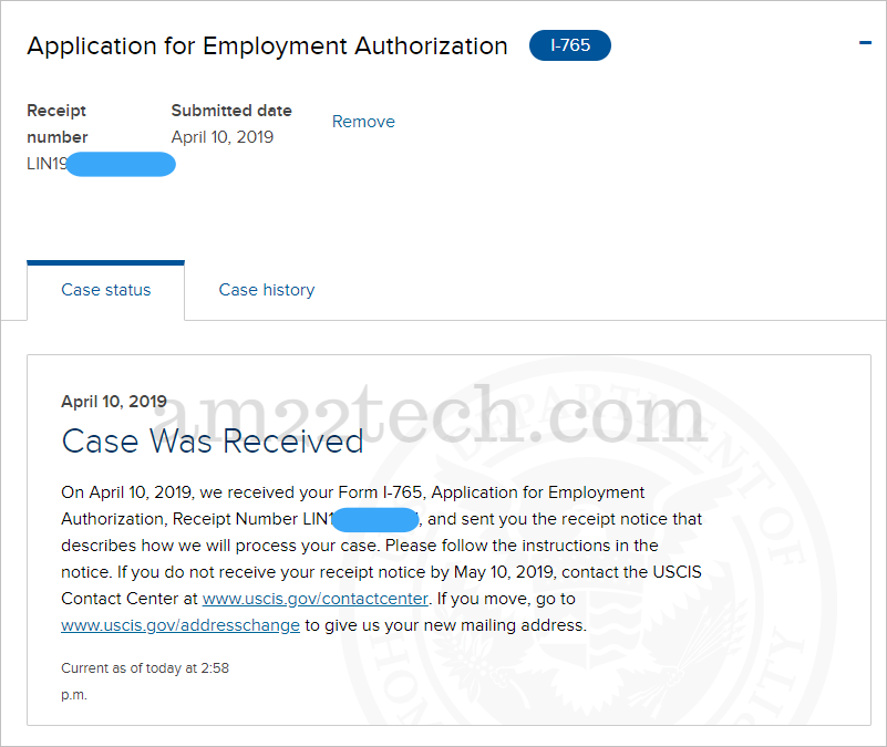 Case status received on DHS website account