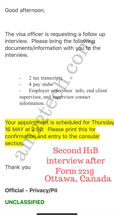 Second H1b interview after form 221g in Ottawa Canada