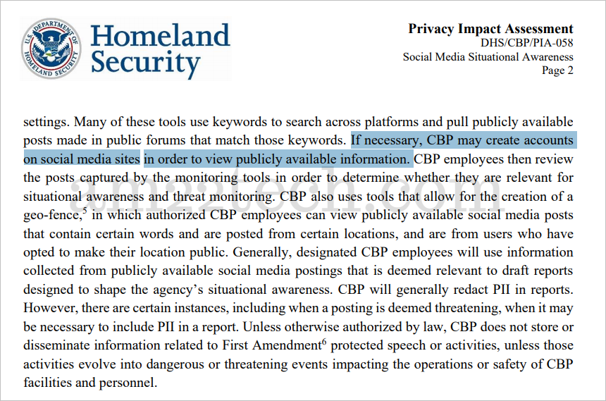 CBP can create fake social media accounts to monitor activity
