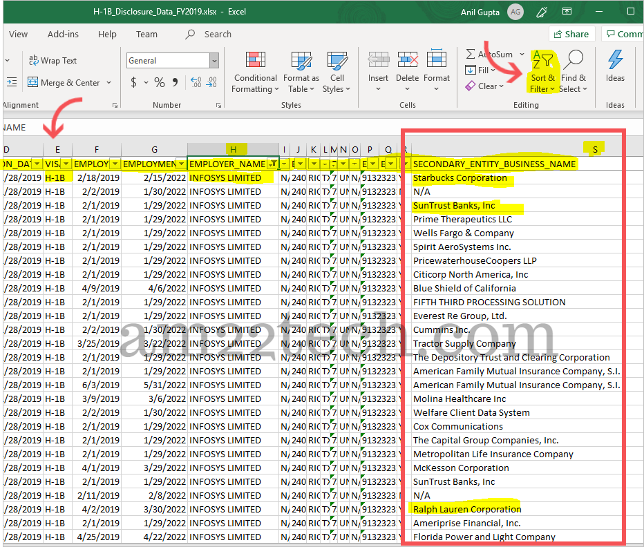 H1B LCA client name excel data