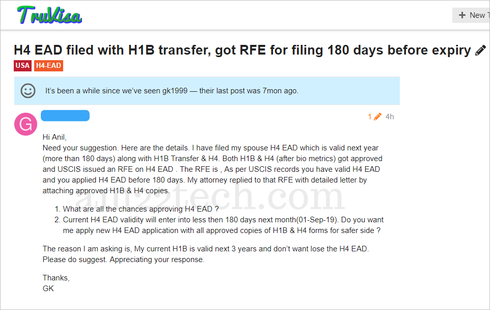 H4 EAD RFE - filed 180 before expiry with H1B transfer