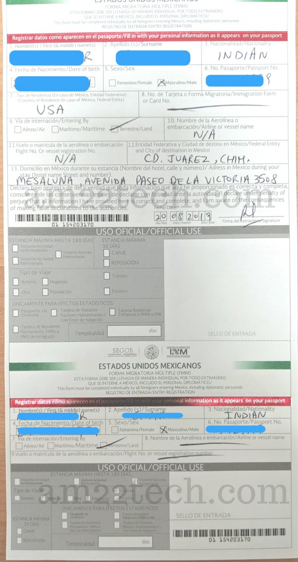 Mexico FMM tourist permit Sample