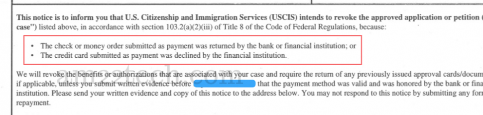 USCIS issued NOIR for H1B premium processing check bounce