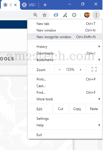 Open USCIS website in chrome in-Cognito mode