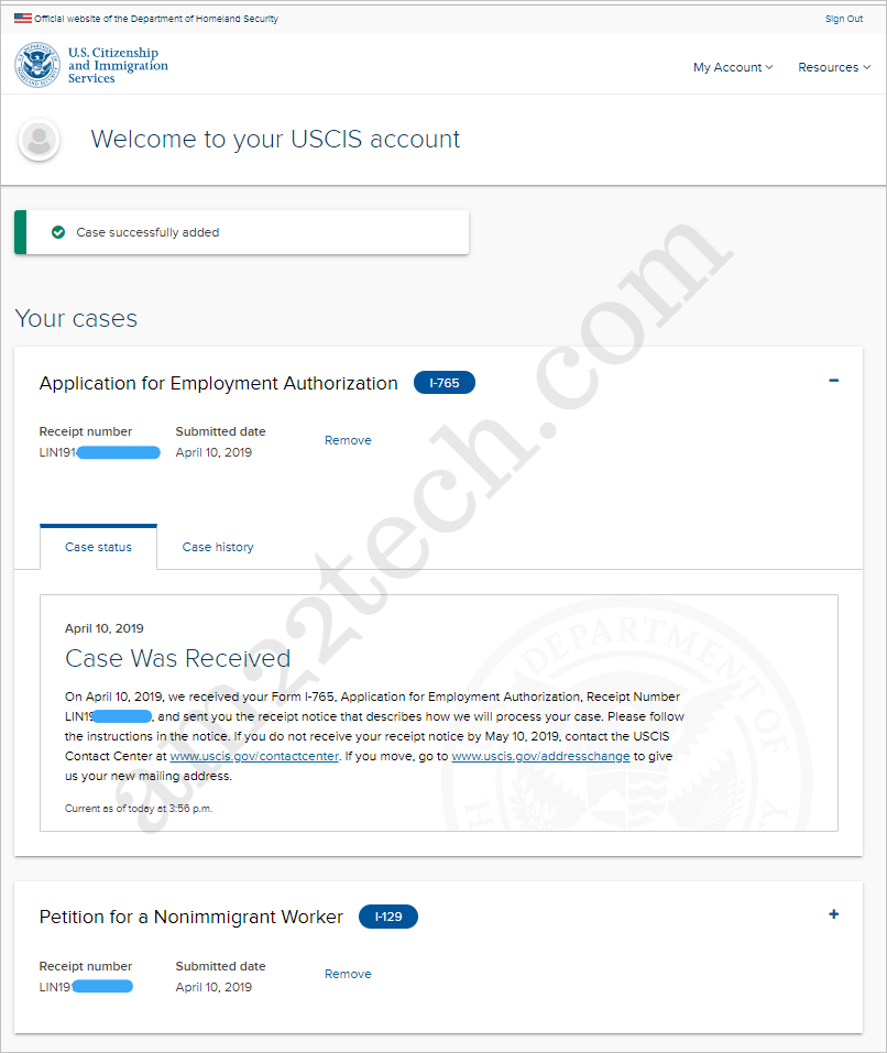 USCIS DHS website account case status