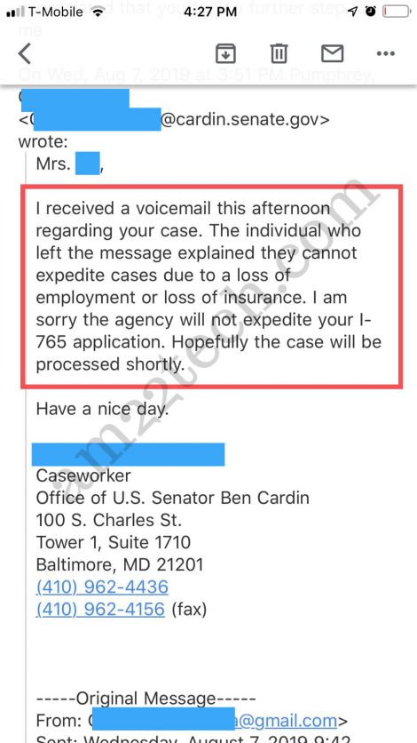 USCIS response to congressman-rejecting EAD expedite request