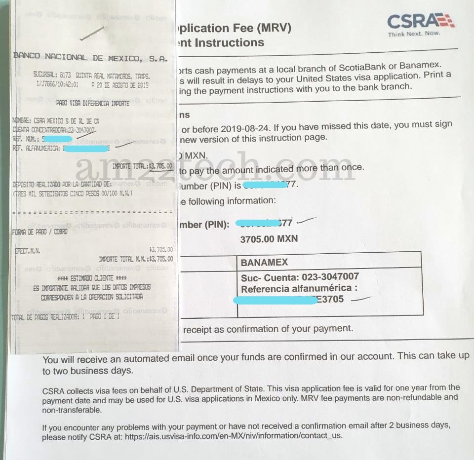 Visa fee payment in Mexico receipt