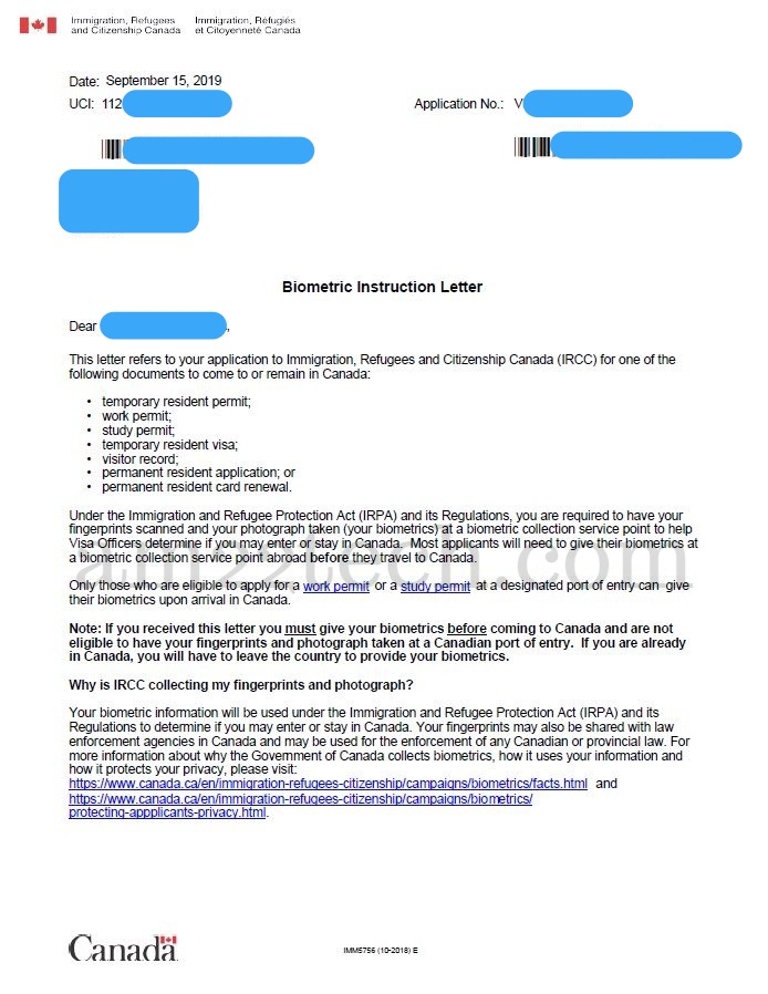 Canada biometric collection letter page 1