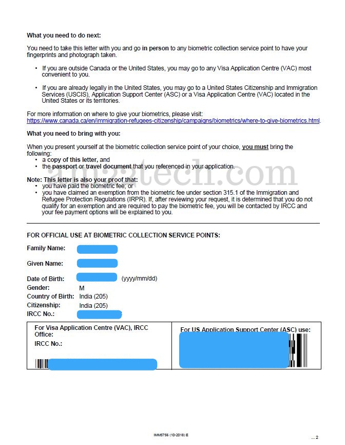 Canada biometric collection letter page 2