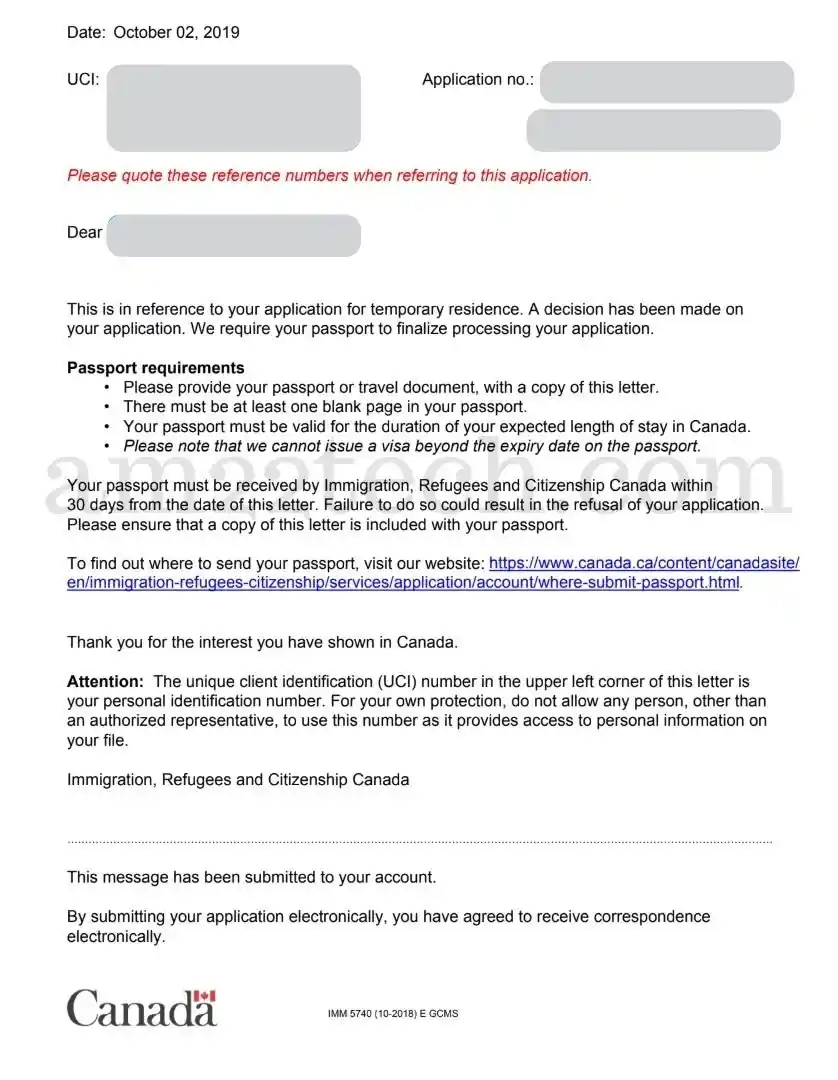 Canada visa passport request letter