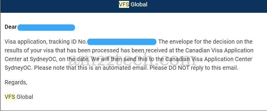 Envelope for decision on result processed received at Canadian visa center