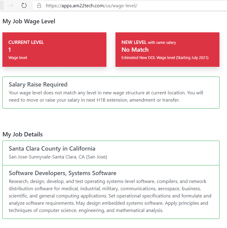 Sample H1B wage level for 120k in California