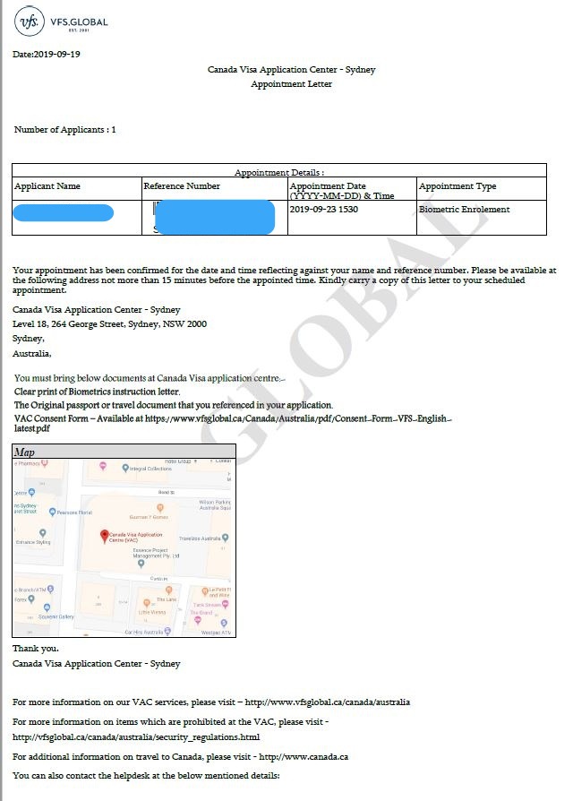 VFS global biometric appointment letter