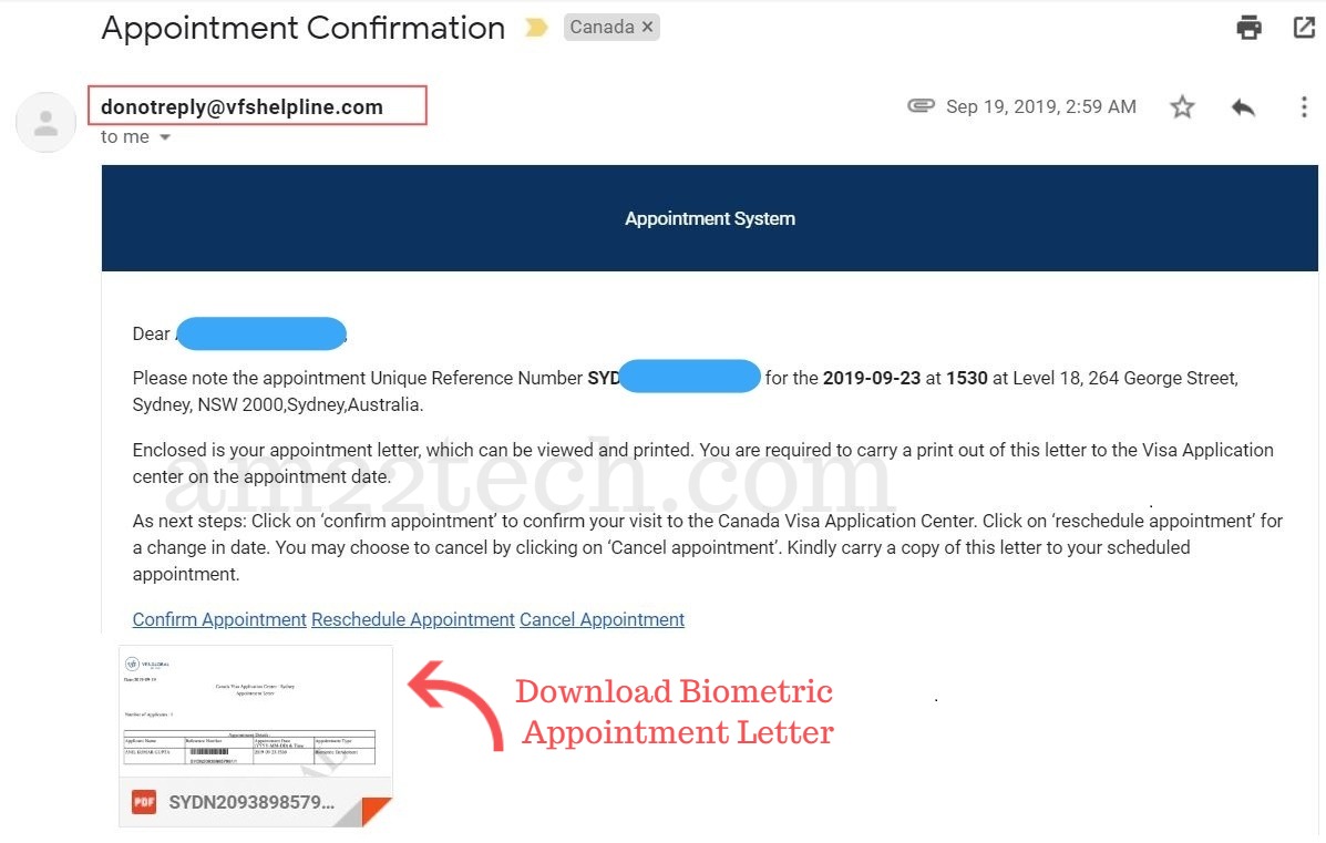 VFS global Canada biometric appointment confirmation