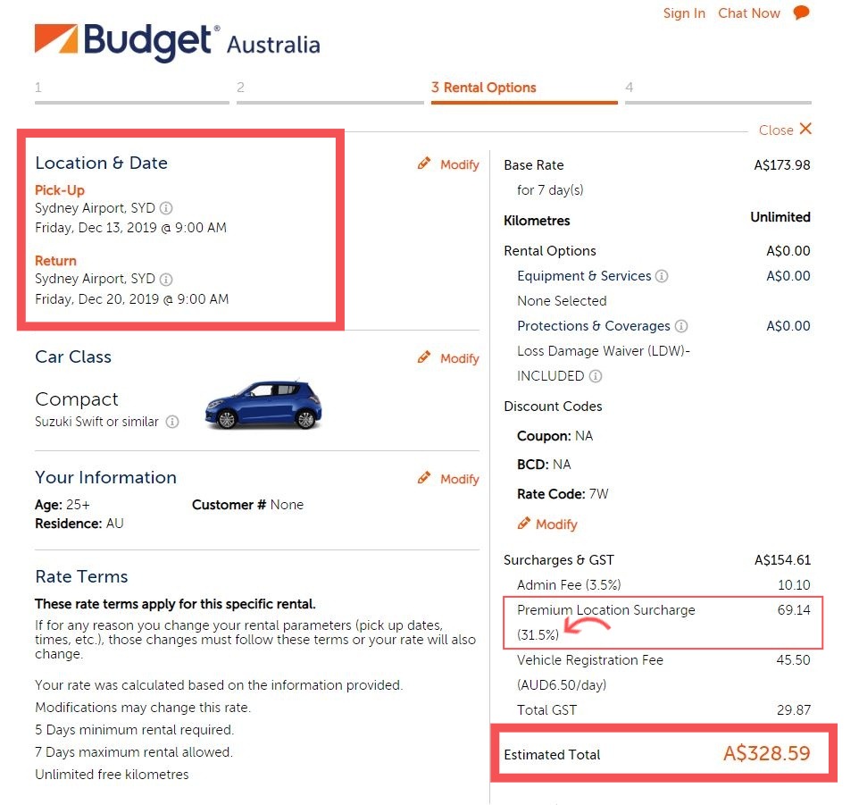 Australia car rental premium location charge