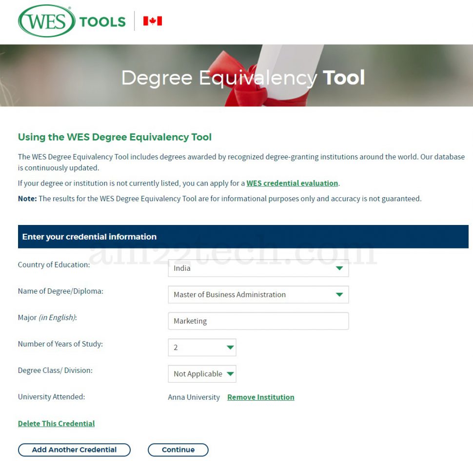 WES Degree Equivalency Tool