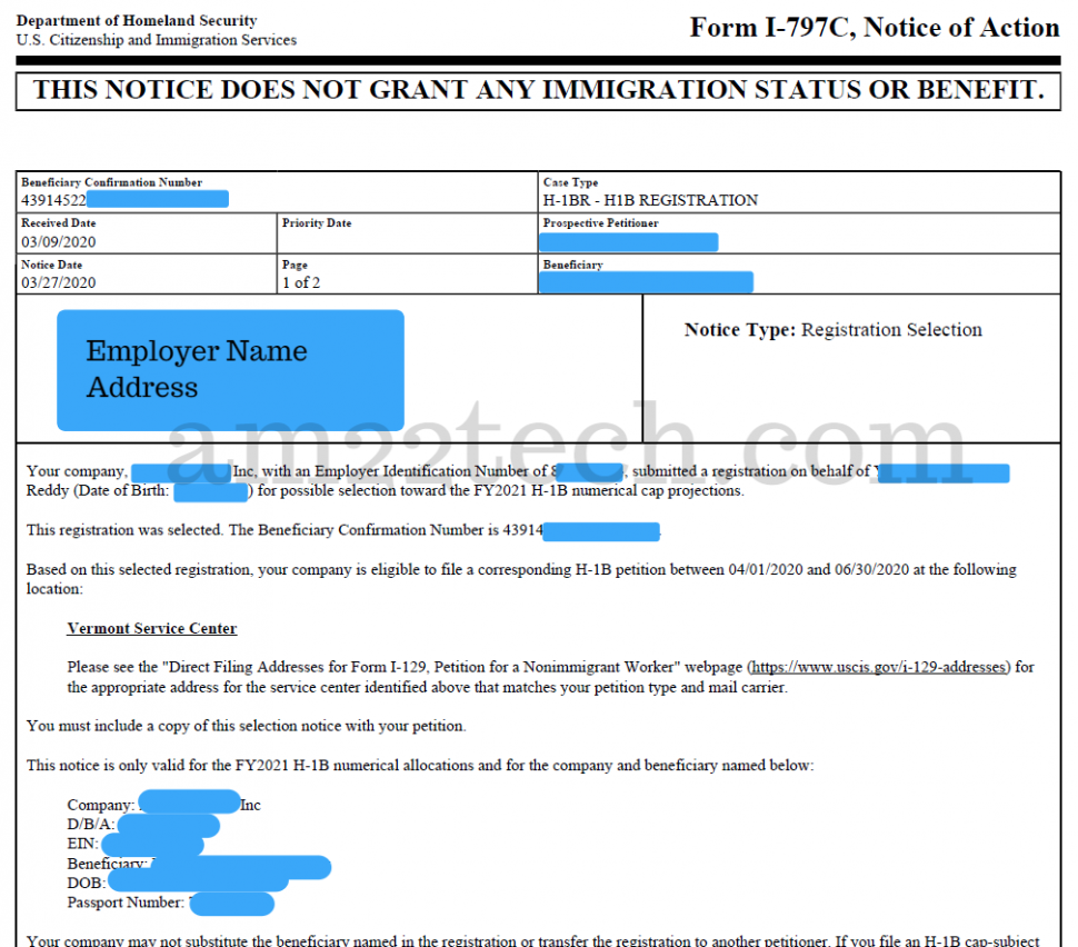 H1B lottery selection i797c notice