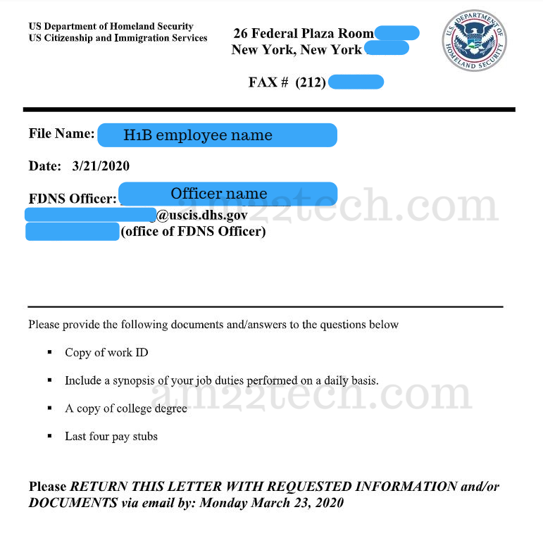 USCIS h1b site visit documents requested