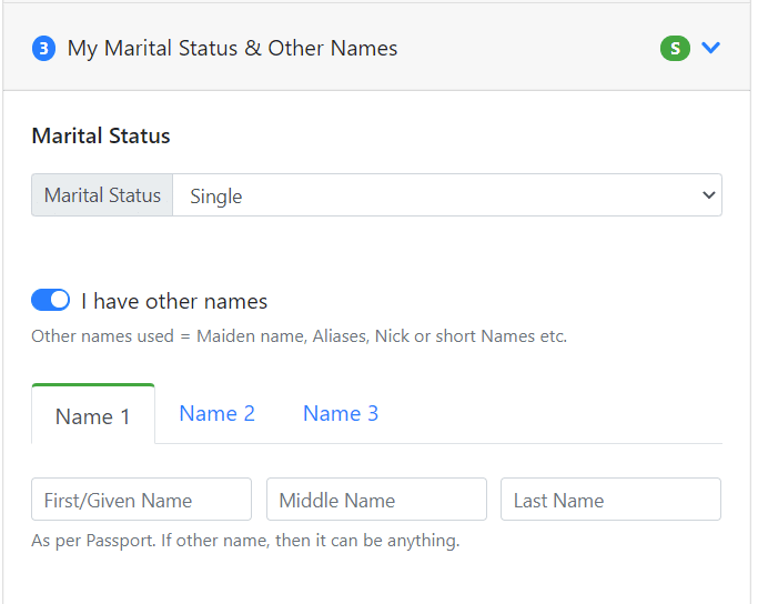 EAD application marital status and other names