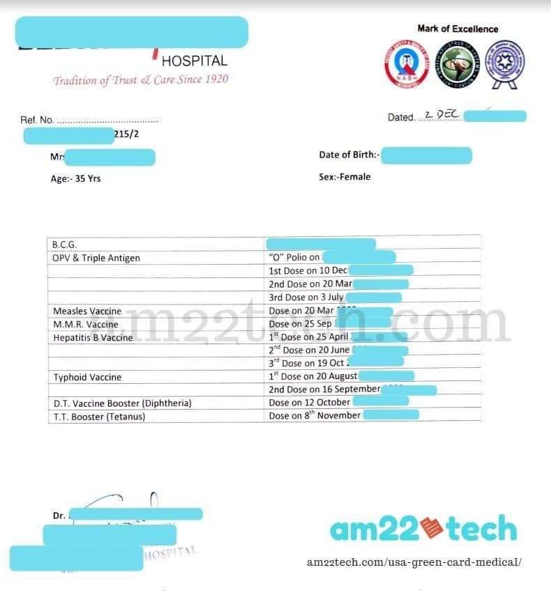 Sample vaccination record fo -i-485 green card from India