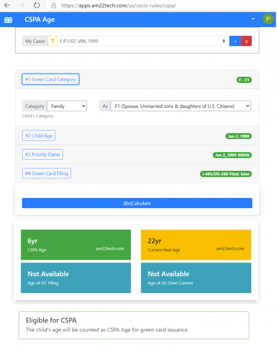 CSPA age calculator family green card