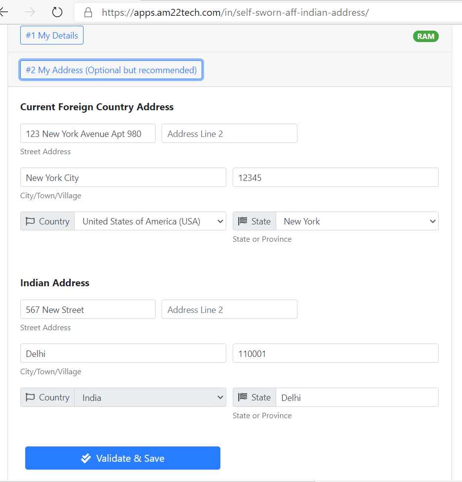 Enter your foreign and Indian address