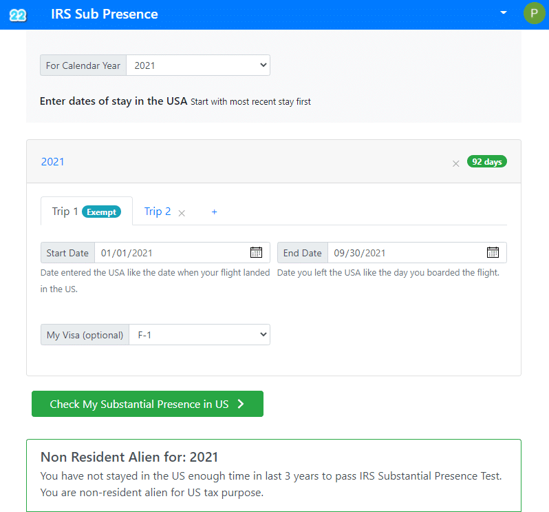 IRS F1 to H1B change of status substantial presence test calculator