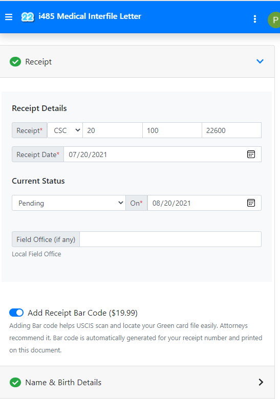 i485 medical interfile letter receipt details