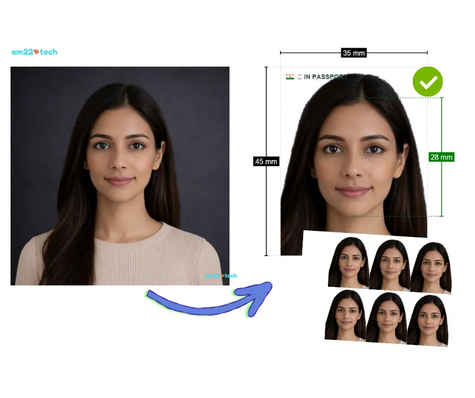 Example of a photo before and after being edited to meet Indian gov requirements, showing how the background is removed and the photo is cropped correctly.